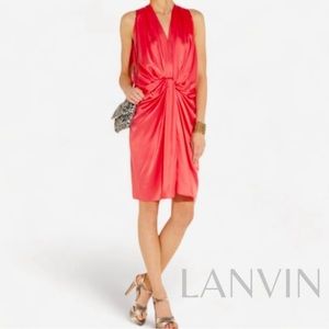 LANVIN coral red Geranium Knotted Draped Fluid 100% Silk Blouson Dress T44